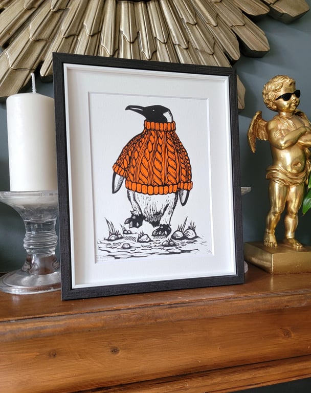 The Bejumpered Penguin - handmade linocut bird art print