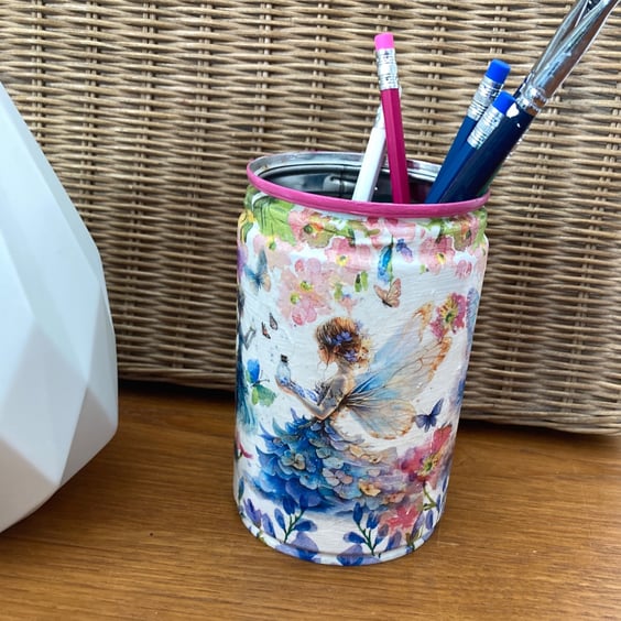 Butterflies with Fairies Blue Pink and White upcycled Coffee Bean Can Pencil Pot