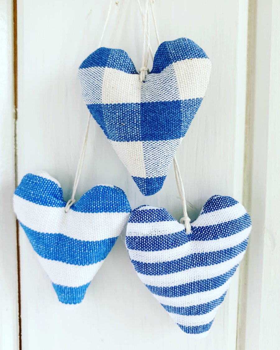 LAVENDER HEARTS - set of 3, blue stripes and checks