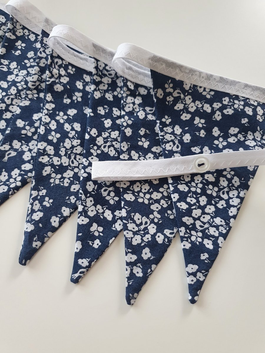 Delicate Blue and White Floral Bunting on White Binding