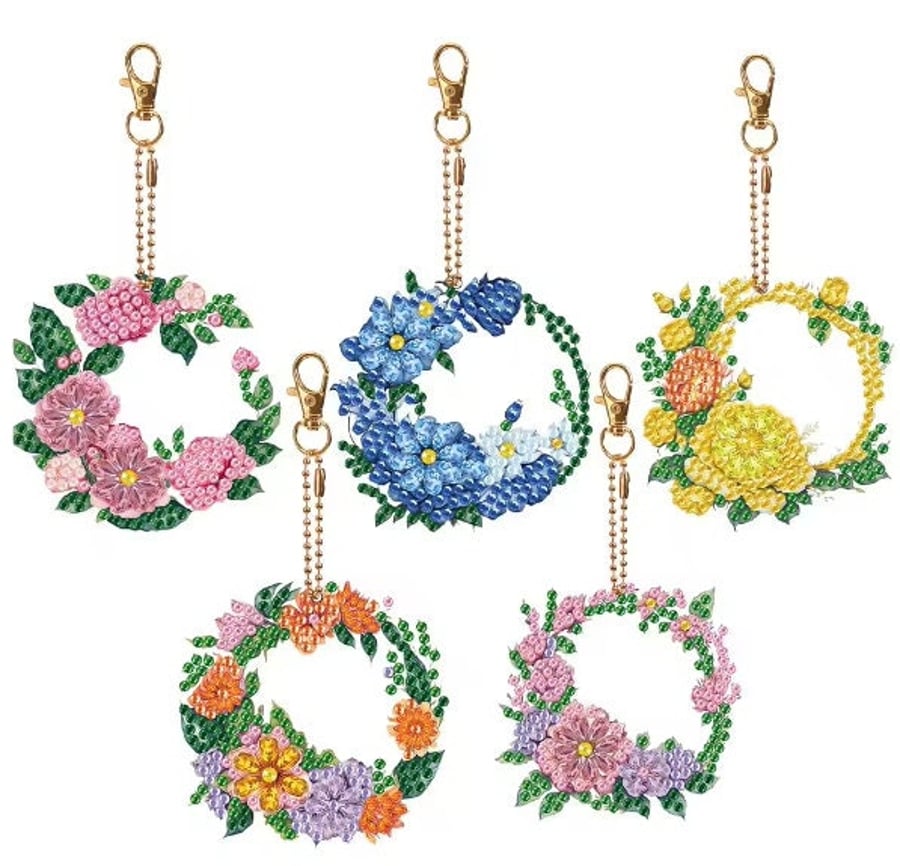 5pcs 5D DIY Assorted Colourful Wreaths Diamond Art Keyrings by Numbers Kit for A