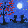 Cat Card, Wedding Anniversary Art Card, Black Cats Moon Stars Card, Romantic 