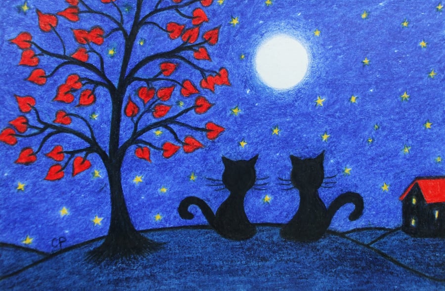 Black Cat Card,  Wedding Anniversary Moon Stars, Tree Love Card, Engagement Art