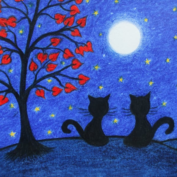 Black Cat Card,  Wedding Anniversary Moon Stars, Tree Love Card, Engagement Art