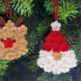 Microcrochet Santa Claus and Reindeer Christmas Ornament Set 