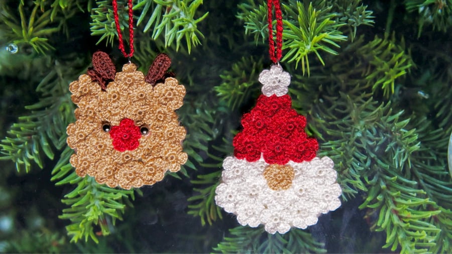Microcrochet Santa Claus and Reindeer Christmas Ornament Set 