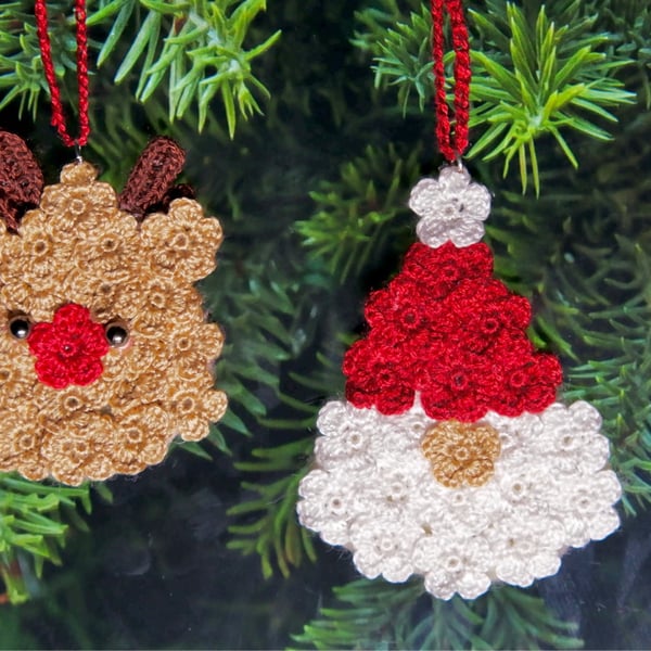 Microcrochet Santa Claus and Reindeer Christmas Ornament Set 