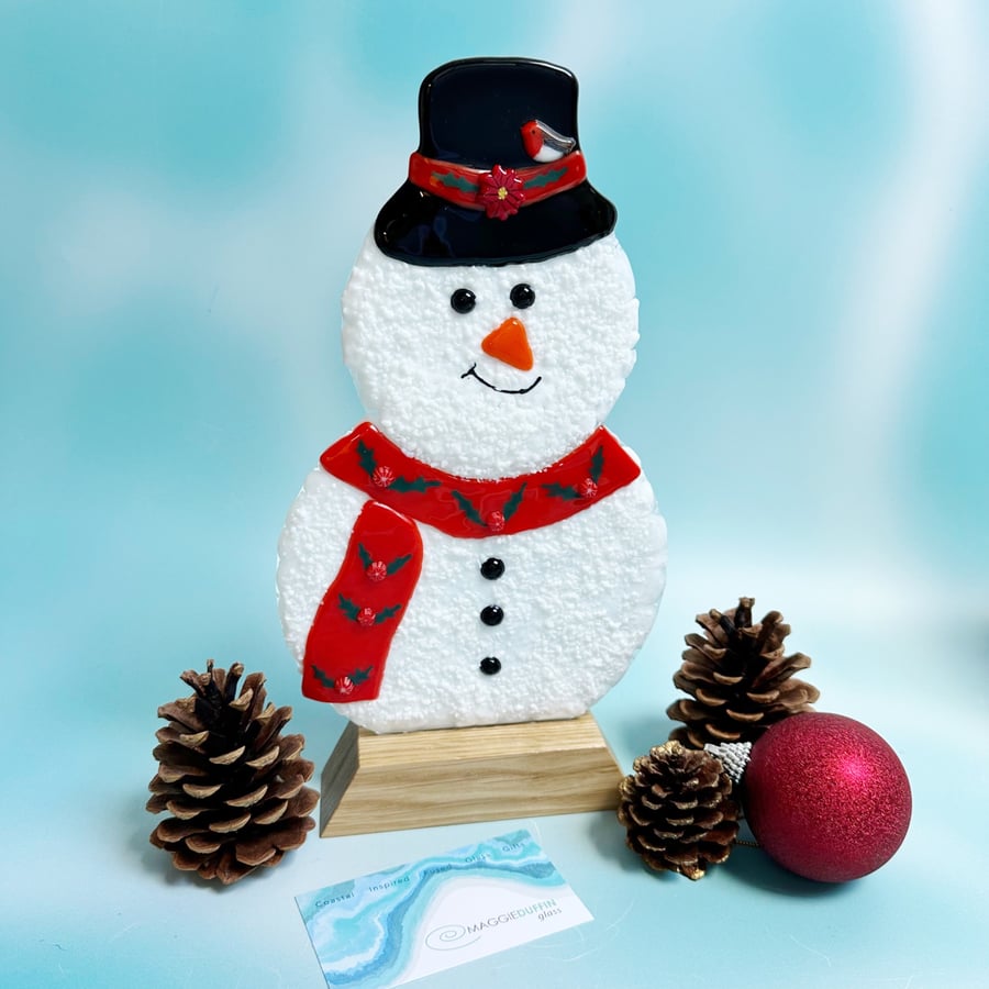 Large Fused Glass Snowman on Stand - Folksy
