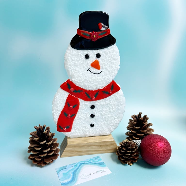 Large Fused Glass Snowman on Stand