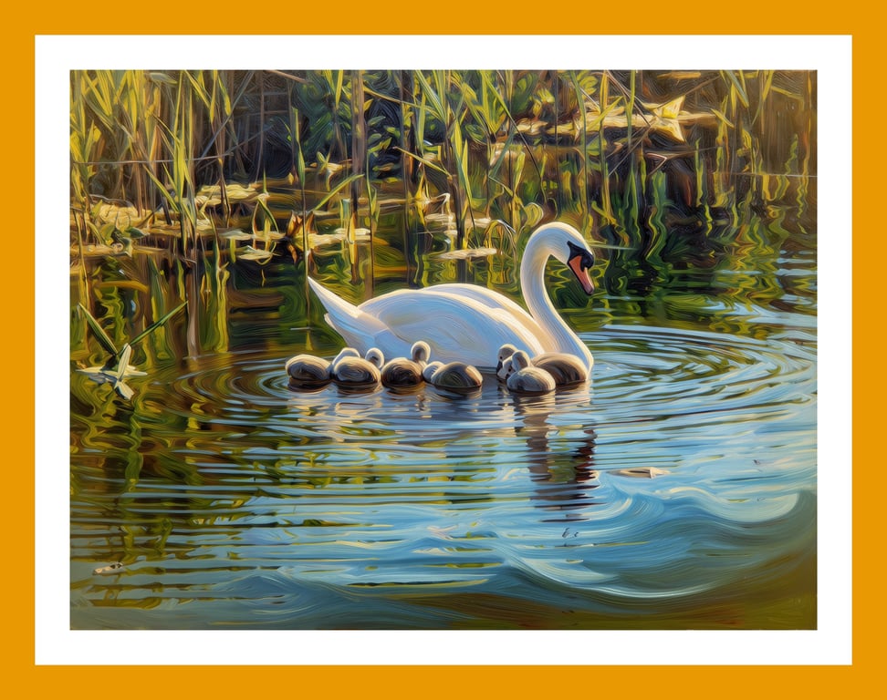 Swan with 7 Cygnets 2027 Fens Norfolk Greeting Card A5