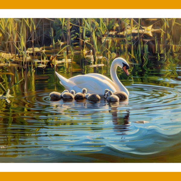 Swan with 7 Cygnets 2027 Fens Norfolk Greeting Card A5