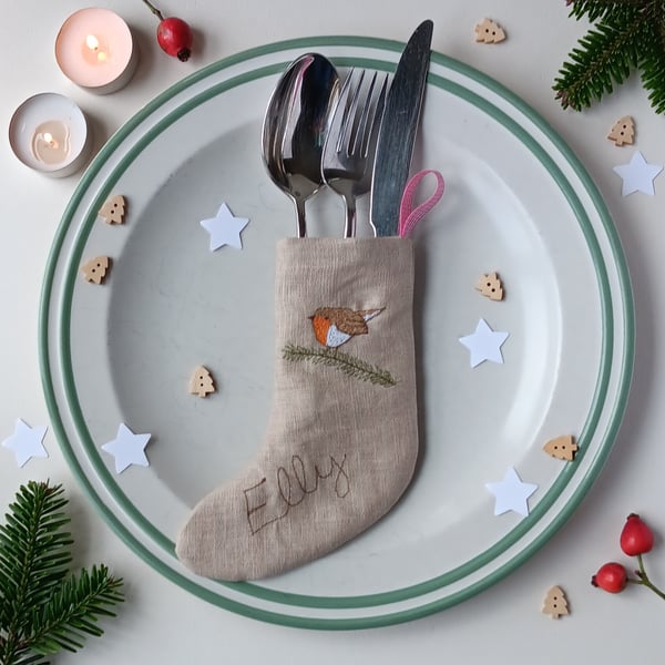 Personalised Christmas Cutlery Stocking with Embroidered Robin