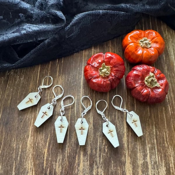 set of 6 Wooden Coffin Stitch Markers, Eco-Friendly Upcycled Halloween & Gothic