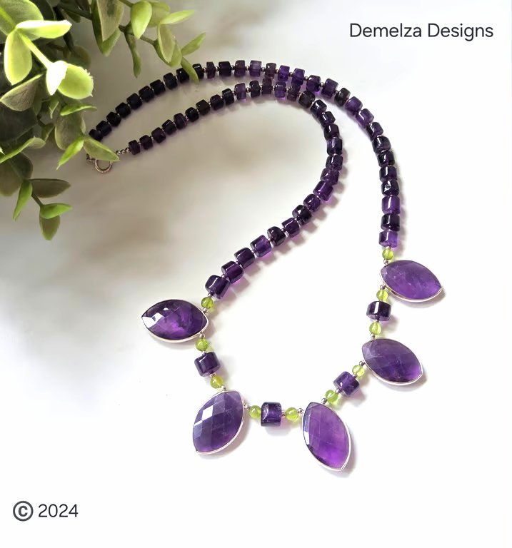 Designer Natural Zambian Amethyst & Peridot Sterling Silver Necklace