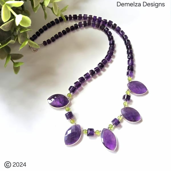 Designer Natural Zambian Amethyst & Peridot Sterling Silver Necklace