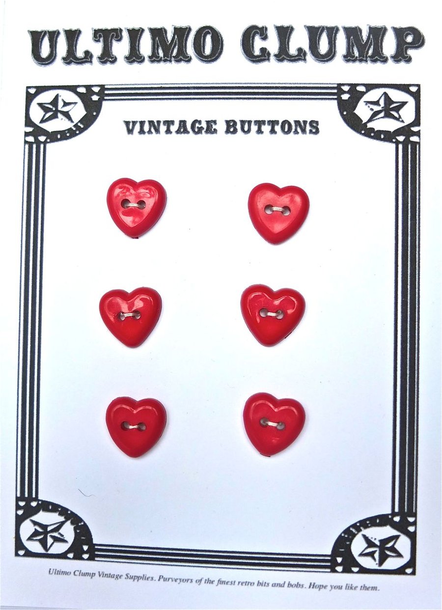 6 Vintage Red Heart Shaped Buttons