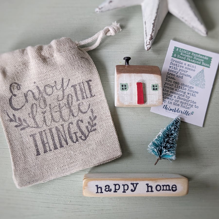 Little Wooden Handmade House in a Bag with Christmas Tree Happy Home