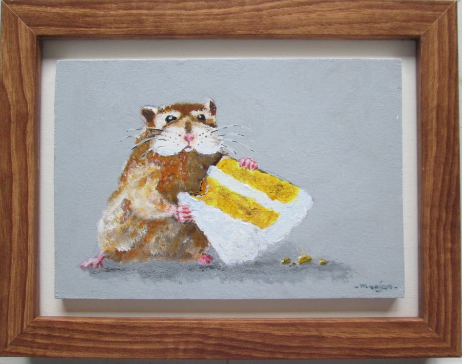 SOLD - UNAVAILABLE Hamster and Cake. Original framed painting