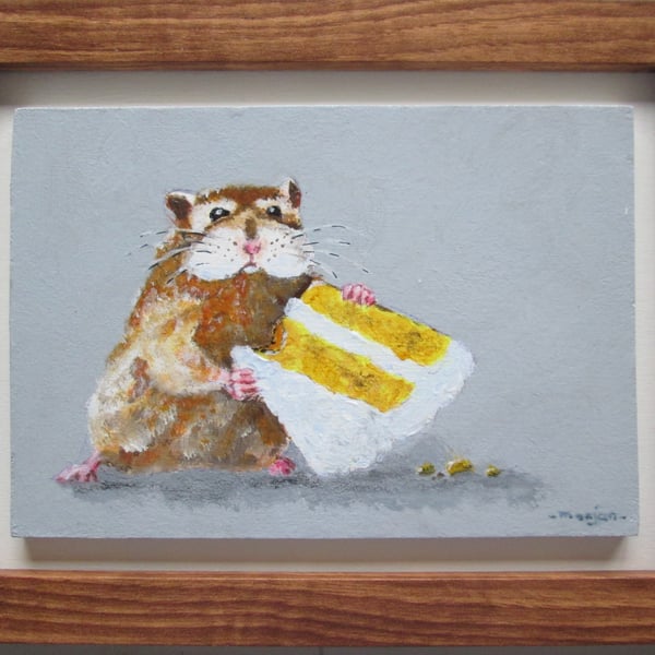 SOLD - UNAVAILABLE Hamster and Cake. Original framed painting