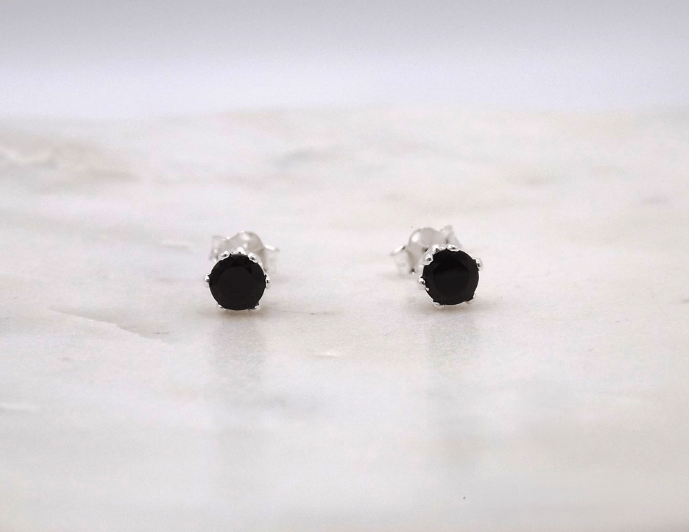 Black Spinel Facet 4mm Gemstone 6 Prong Sterling Silver Stud Earrings.