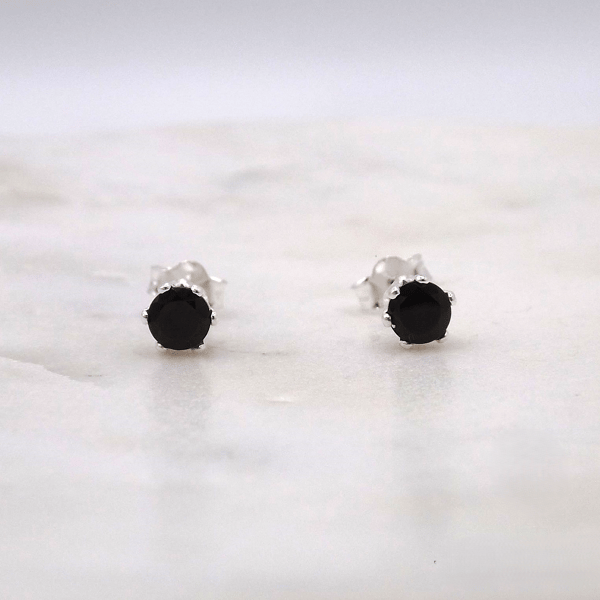 Black Spinel Facet 4mm Gemstone 6 Prong Sterling Silver Stud Earrings.