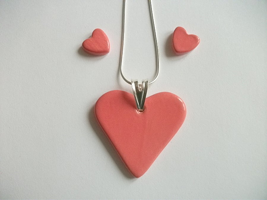 Sale - Coral heart pendant  necklace and earring set - ceramic - sterling silver