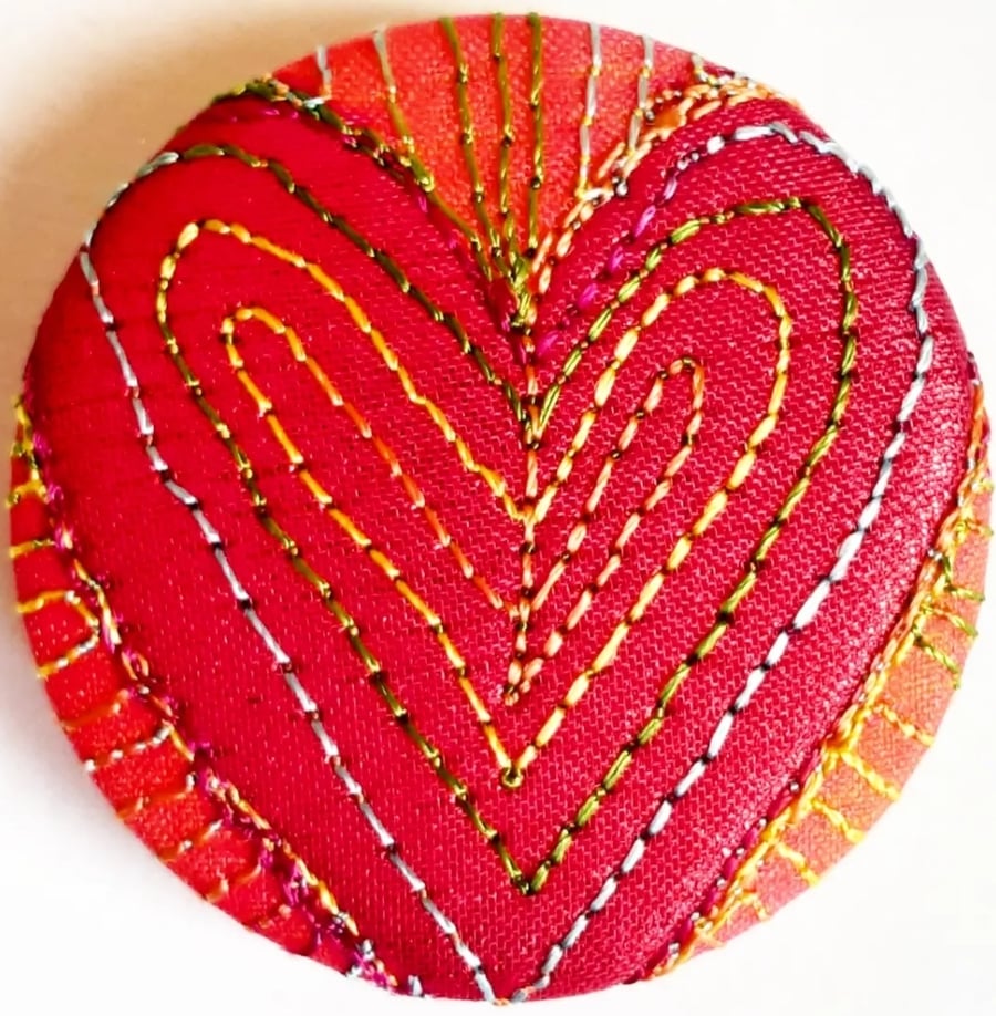 38mm Hand Dyed Fabric Heart Badge with Free Machine Embroidery 