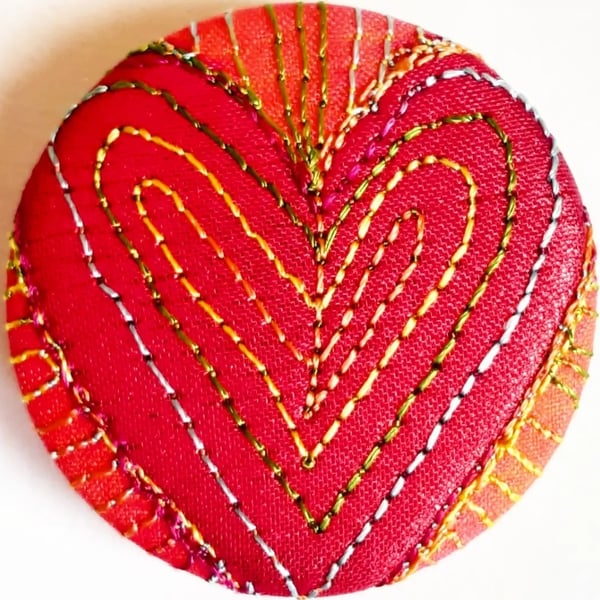 38mm Hand Dyed Fabric Heart Badge with Free Machine Embroidery 