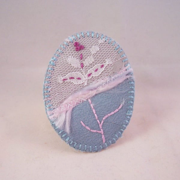 Hand embroidered fabric brooch