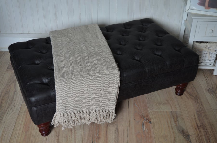 Chesterfield Deep Button Footstool in Antique Black Faux Suede