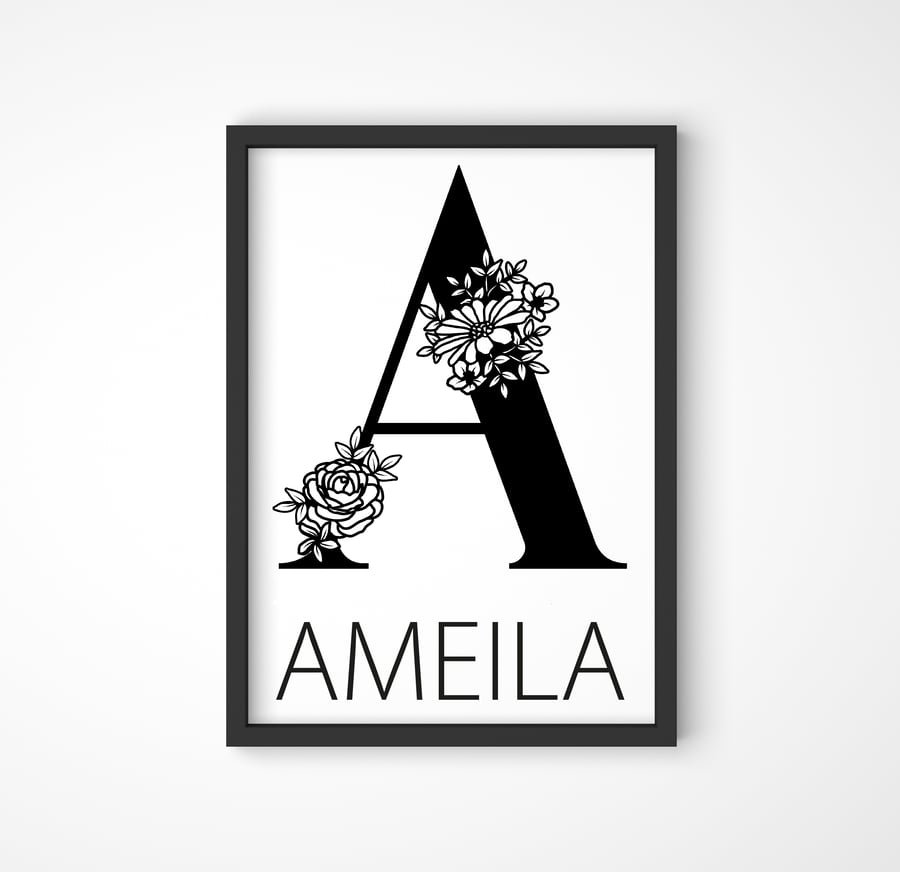 Personalised Initial Floral Letter Name Print: A