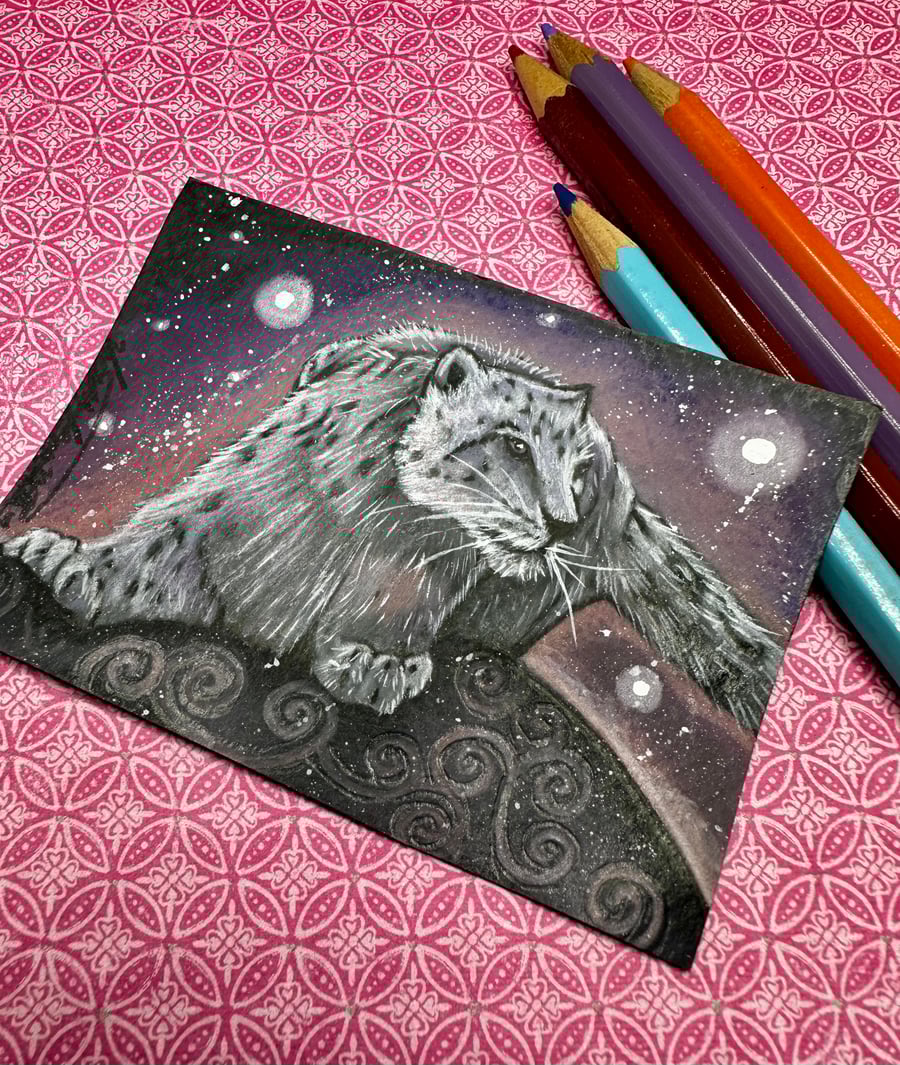 ACEO Original snow leopard art 'Purple' By V Kenworthy