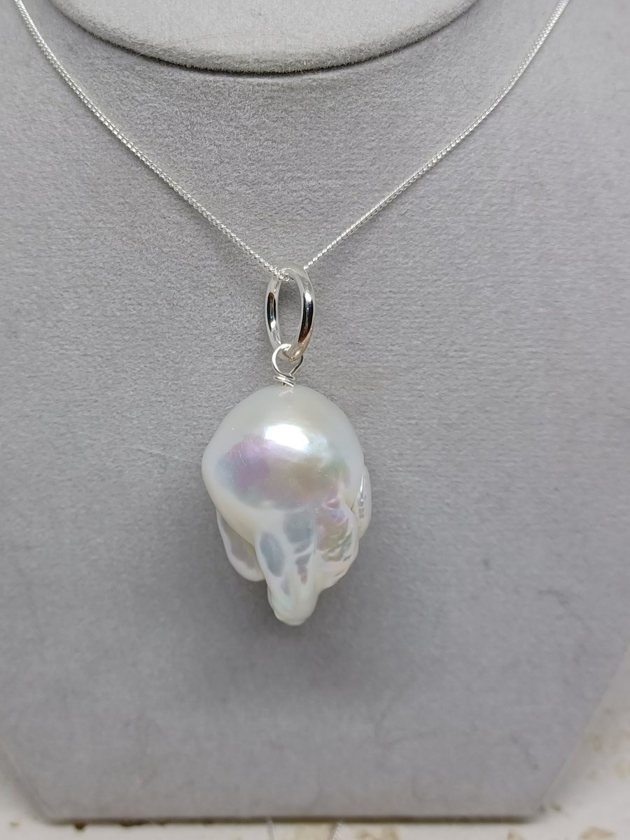 Large White Baroque Pearl Sterling Silver Pendant, Fireball Necklace, BIWA Pearl