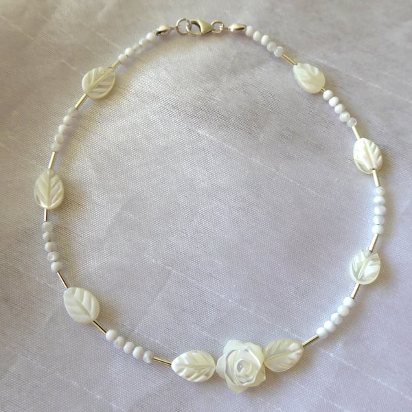  Sterling Silver & Mother of Pearl Leaves & Rose Anklet