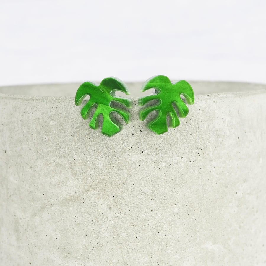 Titanium posts - Monstera leaf acrylic stud earrings - Green pearly plant