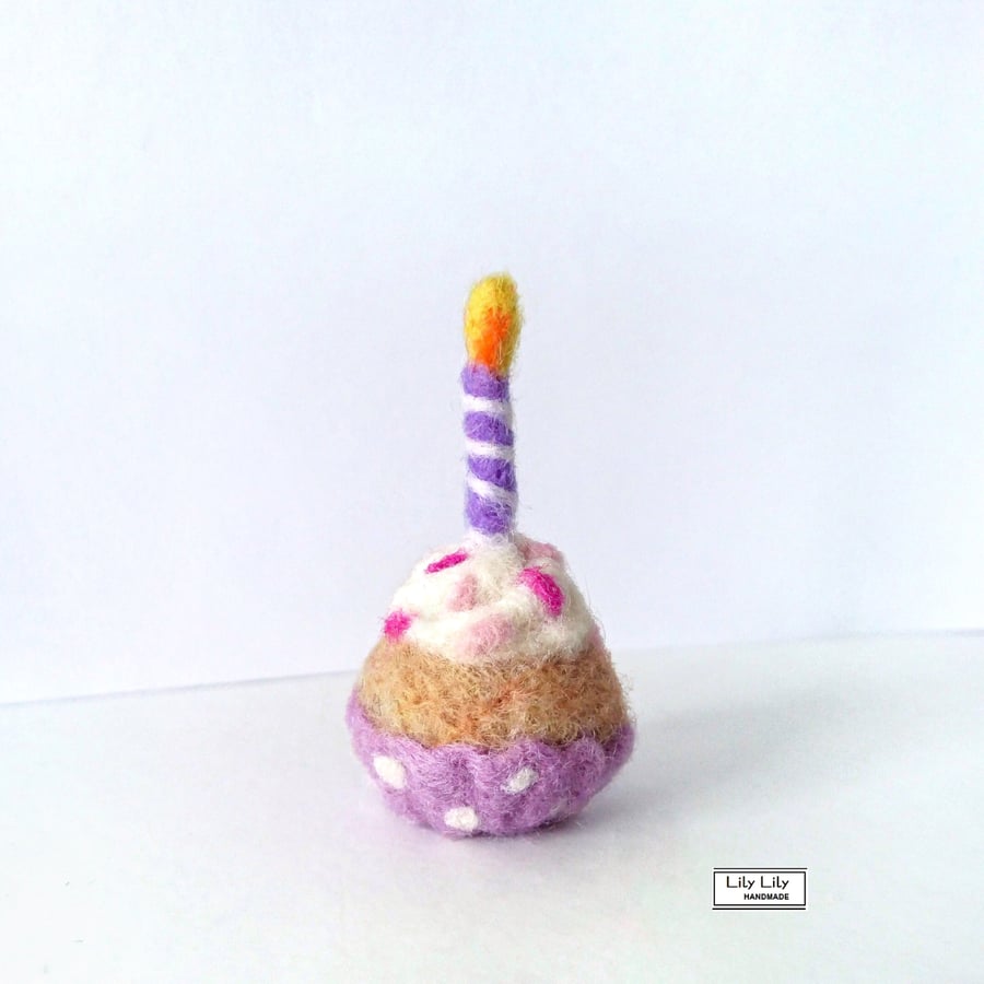 SOLD Miniature birthday cupcake with candle, needle felted by Lily Lily Handmade