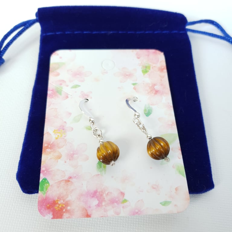Fluted Tigers Eye Simple Drop Earrings Sterling Silver Autumnal Earrings