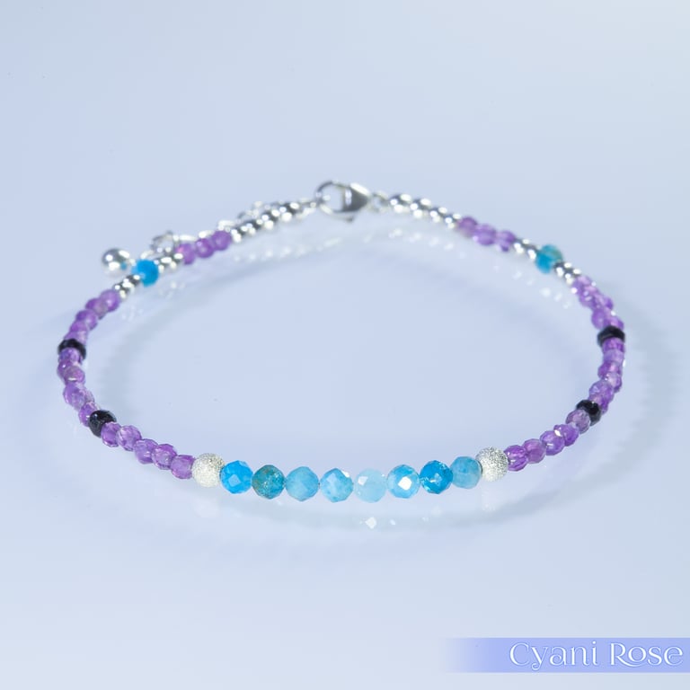 Bracelet Amethyst Black Spinel Apatite & Sterling Silver adjustable beaded 