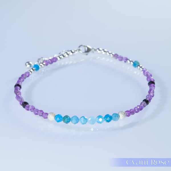 Bracelet Amethyst Black Spinel Apatite & Sterling Silver adjustable beaded 