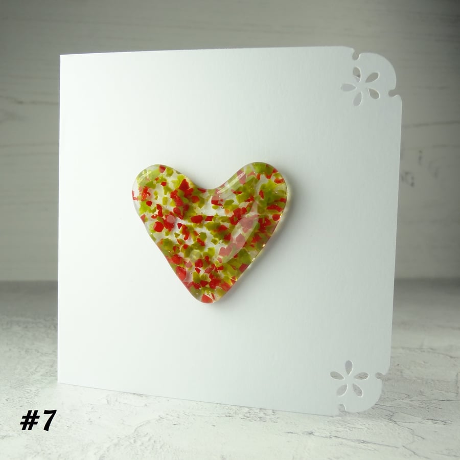Handcrafted green and red speckled heart fused glass blank card (7)