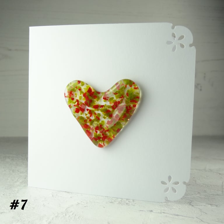 Handcrafted green and red speckled heart fused glass blank card (7)