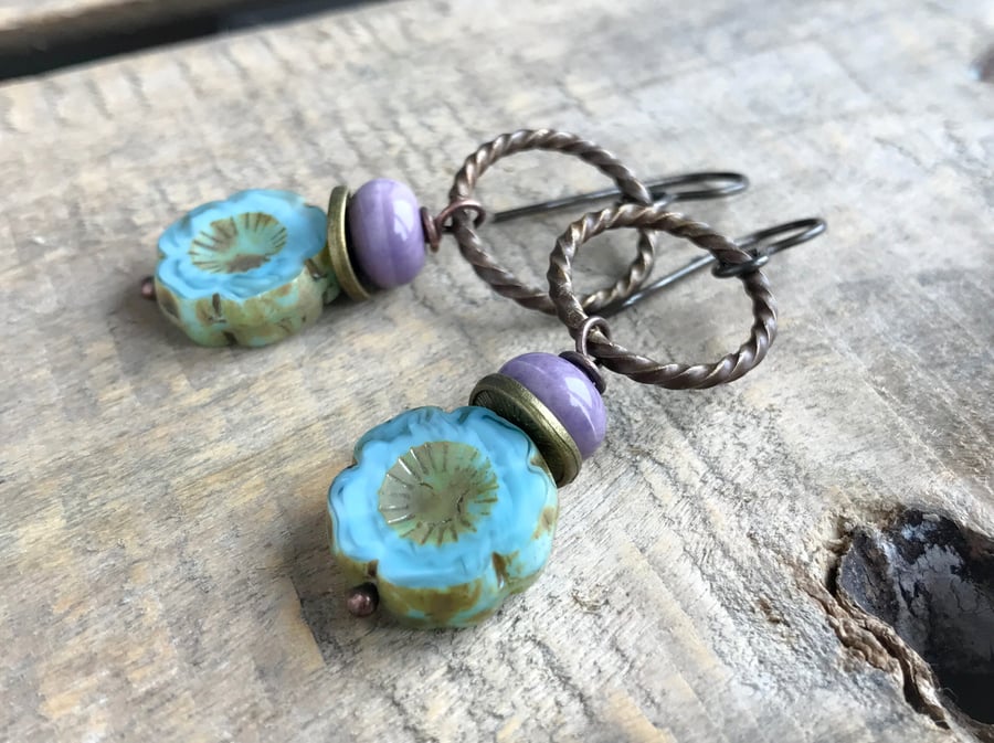 Blue & Purple Flower Earrings. Czech Glass Earrings. Sky Blue Floral Earrings