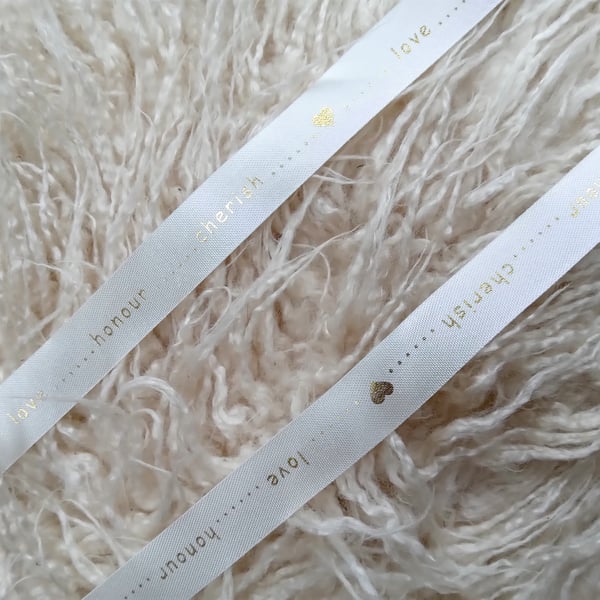 1 metre approx 1.5cm wide gold on ivory gifting ribbon "Love and Cherish"