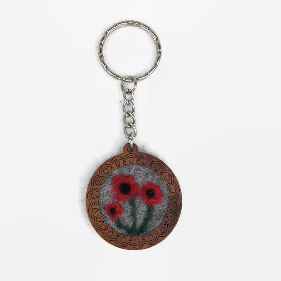Keyring or key fob, felted poppies on wooden base