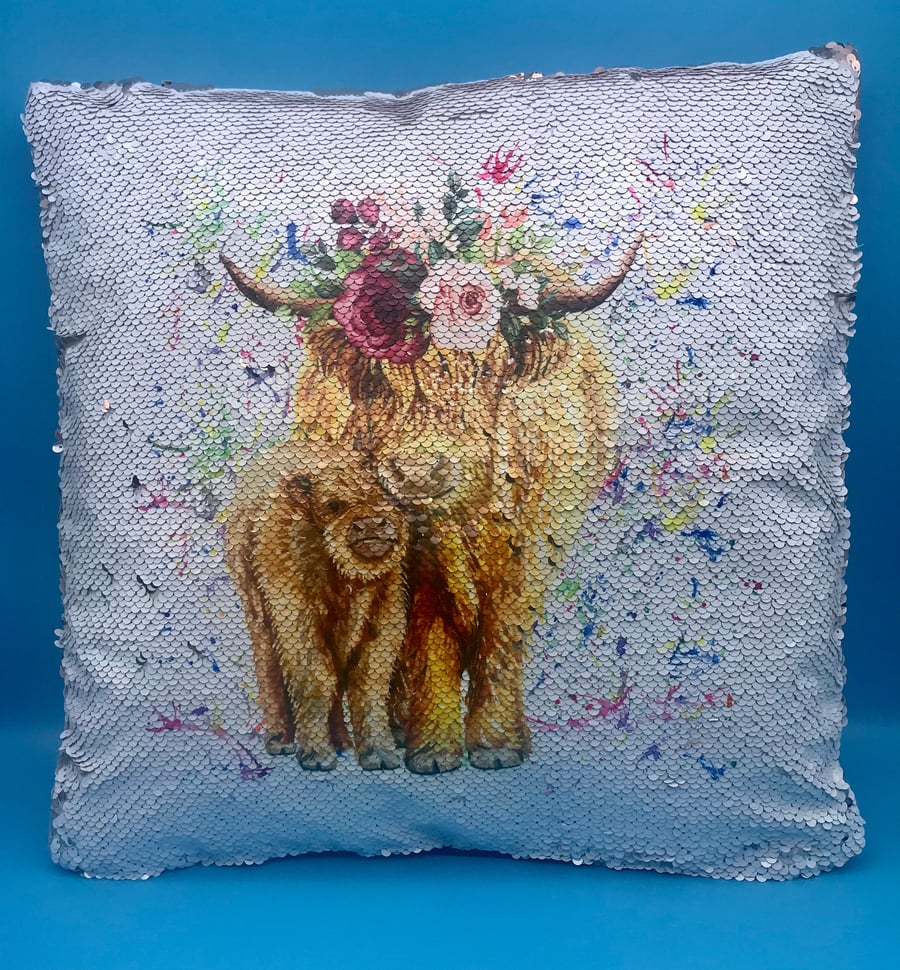 Sequin swipe cushion, with Highland cow design, reversible sequin, two tone styl
