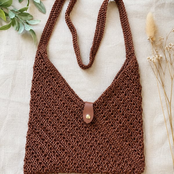 Handmade Crochet Crossbody Bag - Boho Shoulder Bag - Rustic Brown Handbag - Uniq