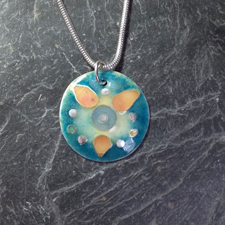 Teal and peach cloisonne enamelled pendant
