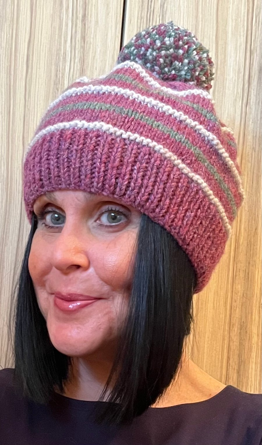 Luxury Pure Wool Stripe Beanie with  large Pom Pom