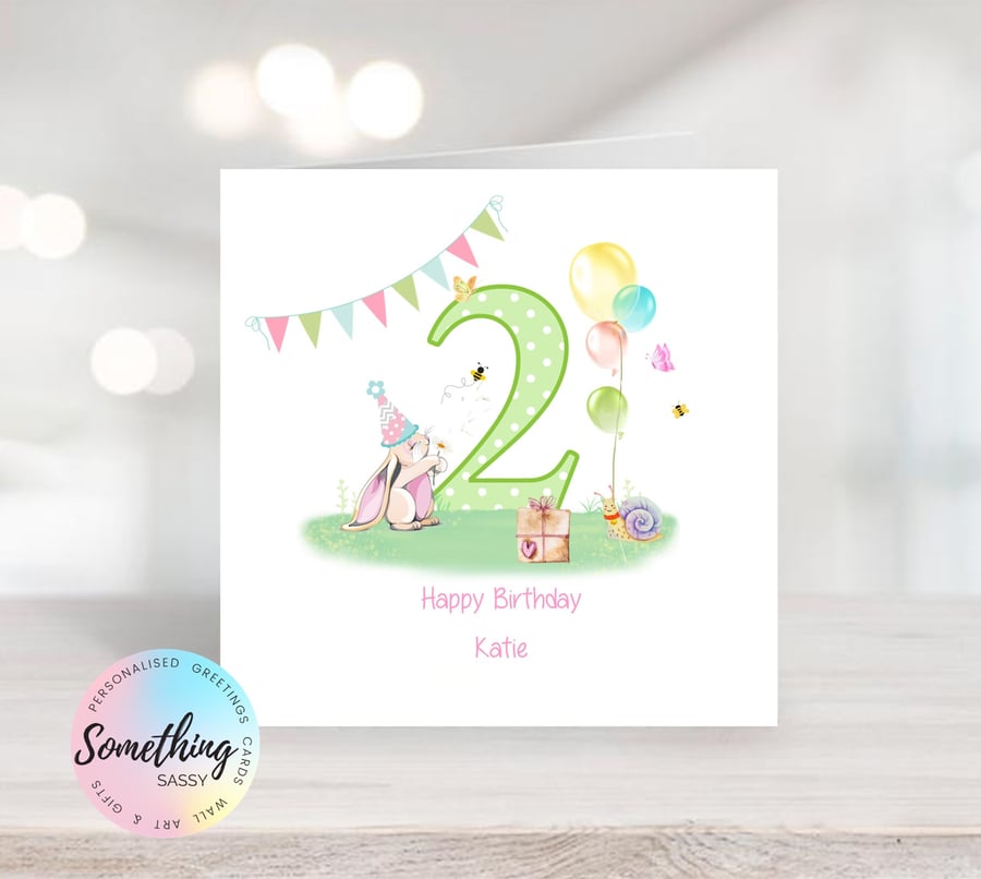 Girls 2nd  Birthday Rabbit Greetings Card Personalised  with any text