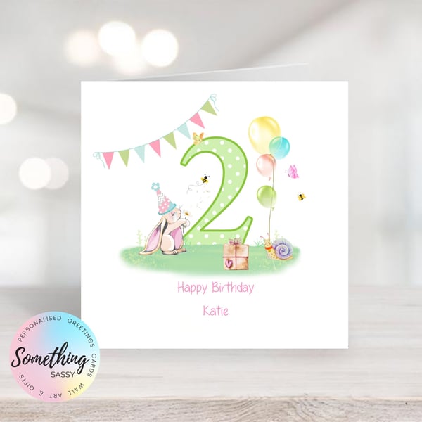 Girls 2nd  Birthday Rabbit Greetings Card Personalised  with any text